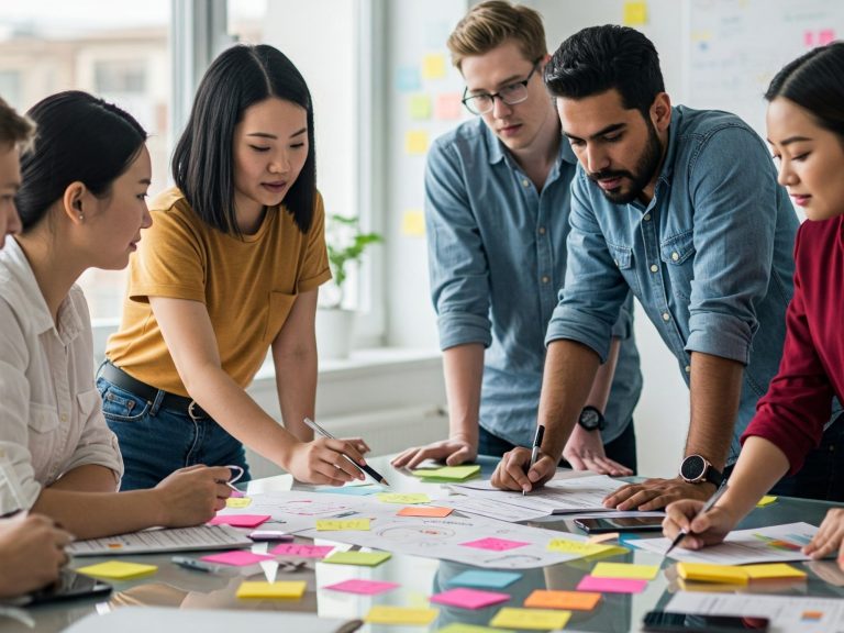 Gruppendiskussion mit mehreren Personen, die an einem Tisch mit Notizen arbeiten.